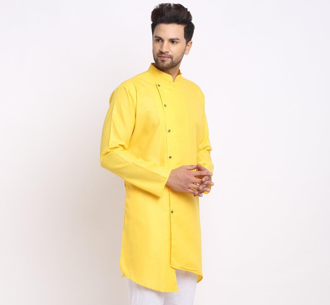 Men's Cotton Blend Yellow Asymmetric Kurta - Benstoke - Indiakreations