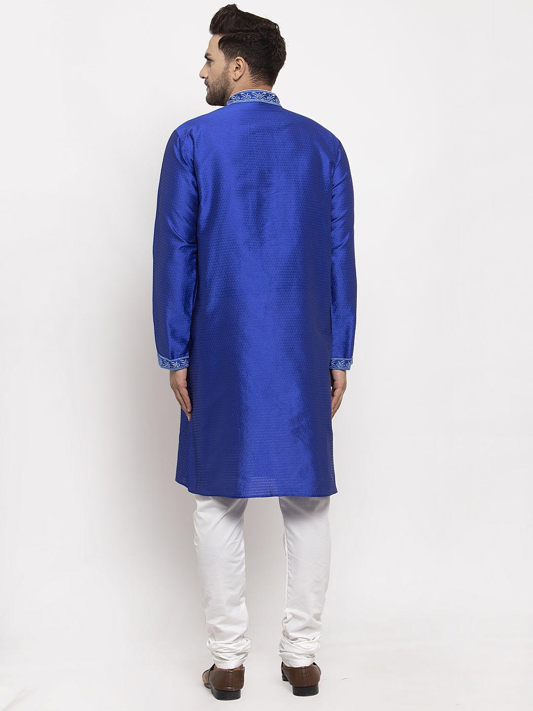 Men's Royal Blue Yoke Design Solid Kurta With White Churidaar Pyjama - Benstoke - Indiakreations