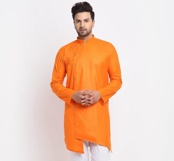 Men's Cotton Blend Orange Asymmetric Kurta - Benstoke - Indiakreations