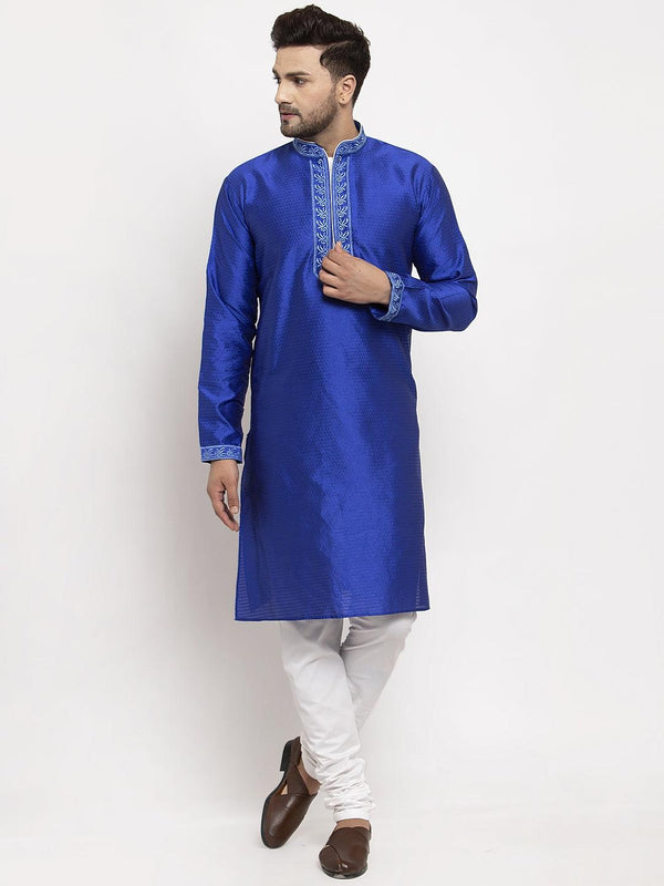 Men's Royal Blue Yoke Design Solid Kurta With White Churidaar Pyjama - Benstoke - Indiakreations