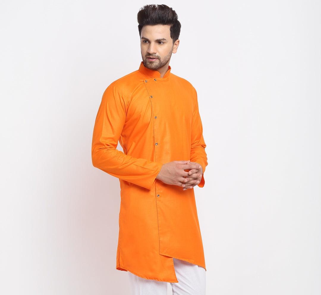 Men's Cotton Blend Orange Asymmetric Kurta - Benstoke - Indiakreations