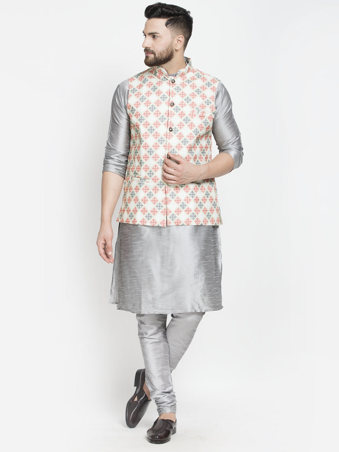 Men's Silk Blend Grey Kurta With Pyjama & Green Printed Nehru Jacket - Benstoke