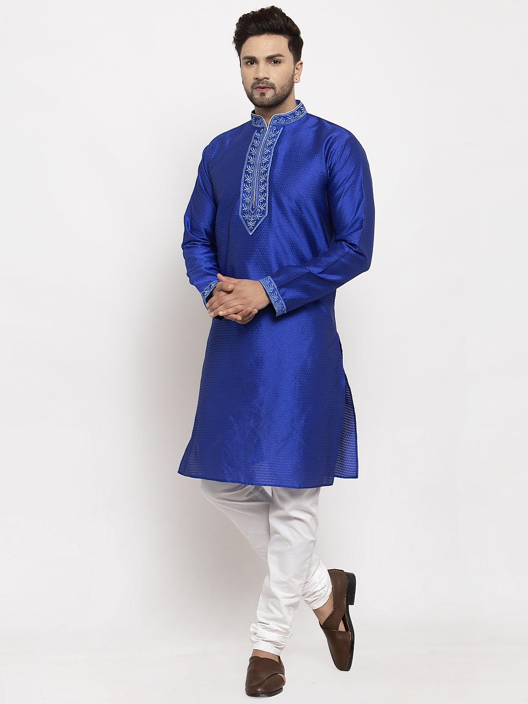 Men's Royal Blue Yoke Design Solid Kurta With White Churidaar Pyjama - Benstoke - Indiakreations