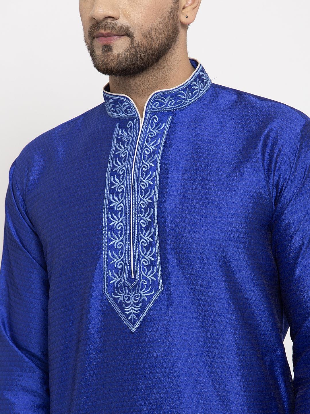 Men's Royal Blue Yoke Design Solid Kurta With White Churidaar Pyjama - Benstoke - Indiakreations