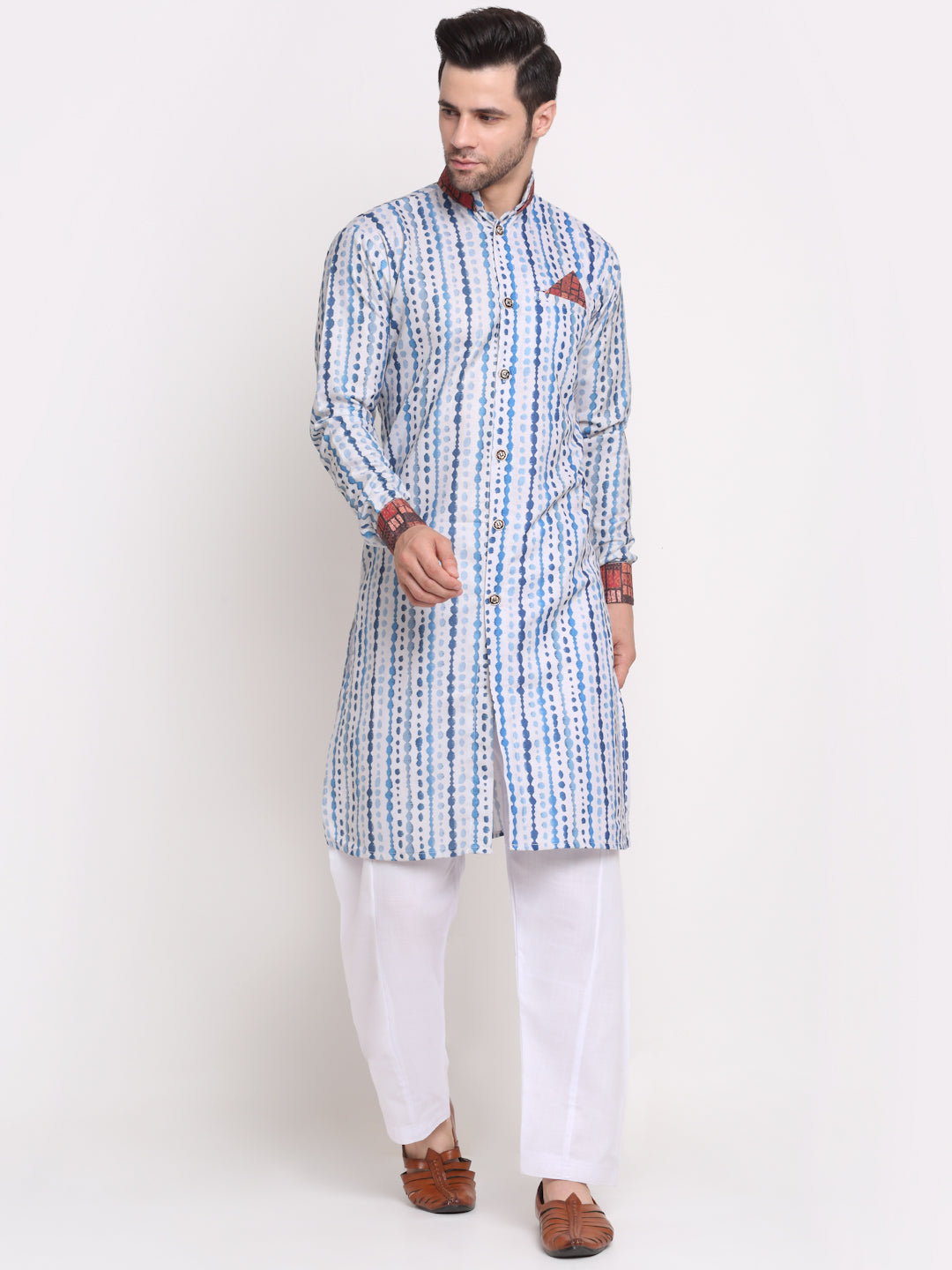 Men's White & Blue Printed Kurta With White Pyjamas Set - Benstoke