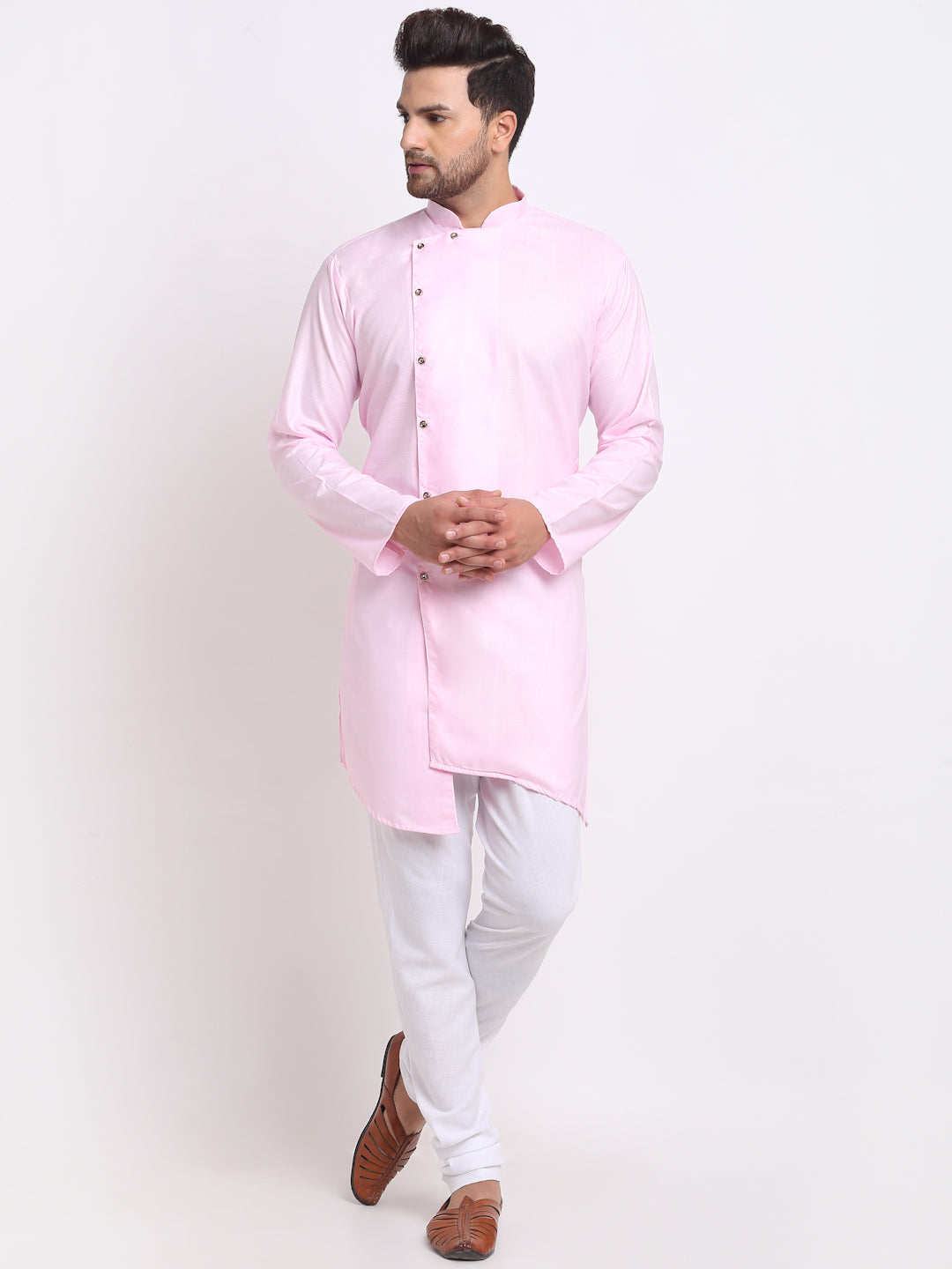 Men's Pink Solid Angrakha Kurta With White Churidaar Pyjama - Benstoke