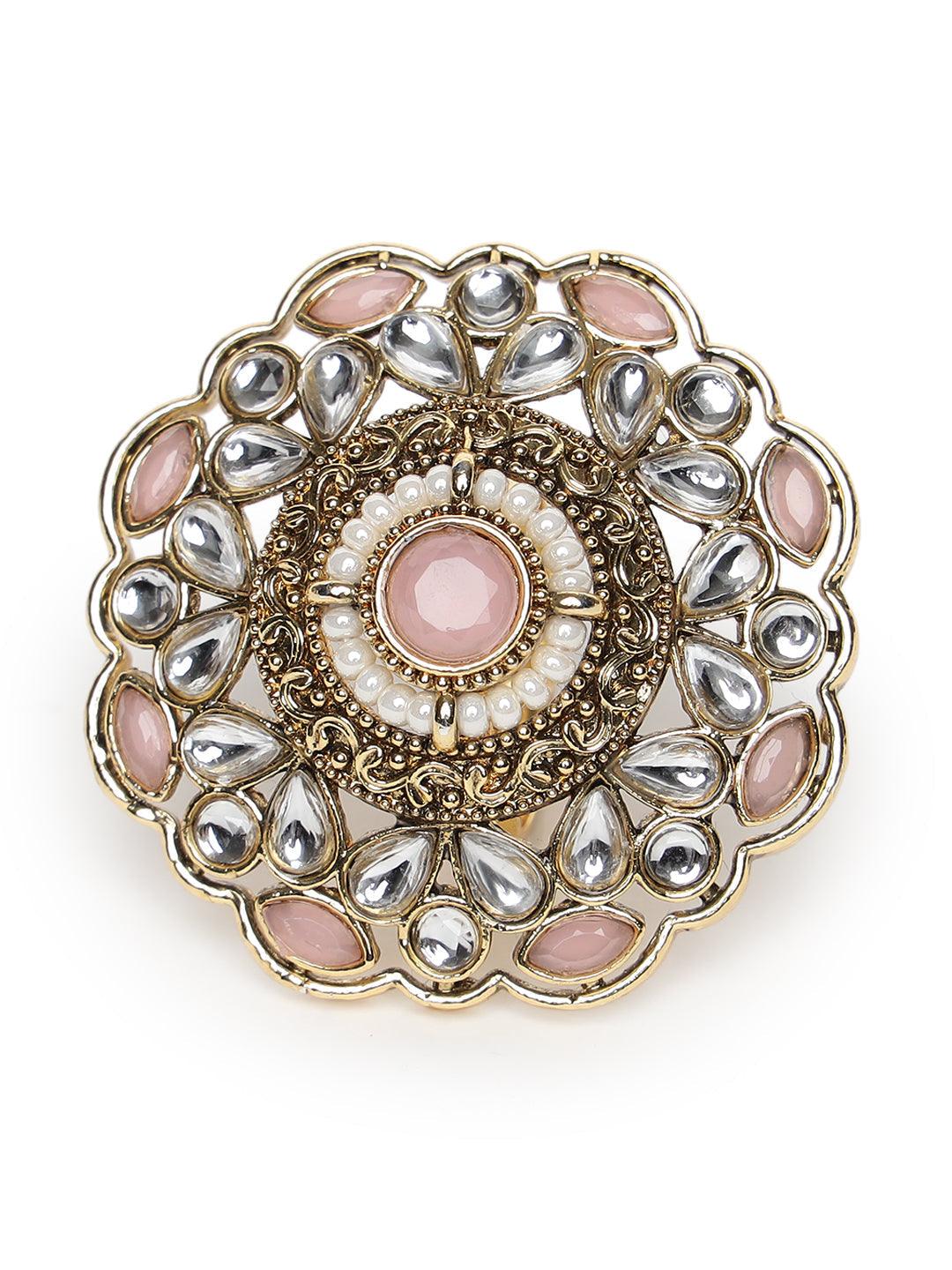 Women's Gold-Plated Pink Kundan-Studded & beaded Adjustable Traditional Finger Ring - Jazz and Sizzle - Indiakreations