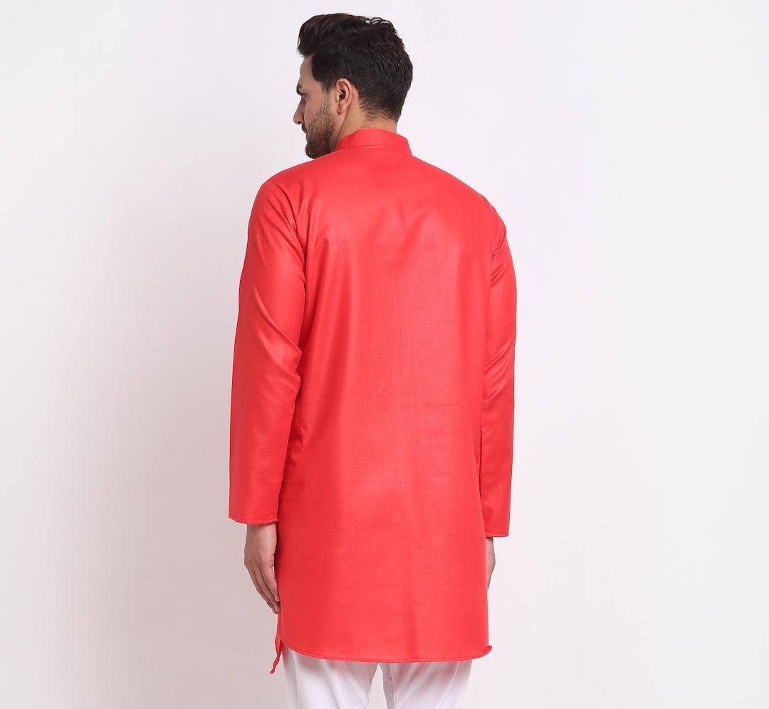 Men's Cotton Blend Red Asymmetric Kurta - Benstoke - Indiakreations