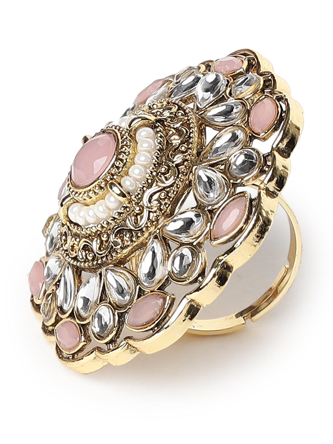 Women's Gold-Plated Pink Kundan-Studded & beaded Adjustable Traditional Finger Ring - Jazz and Sizzle - Indiakreations