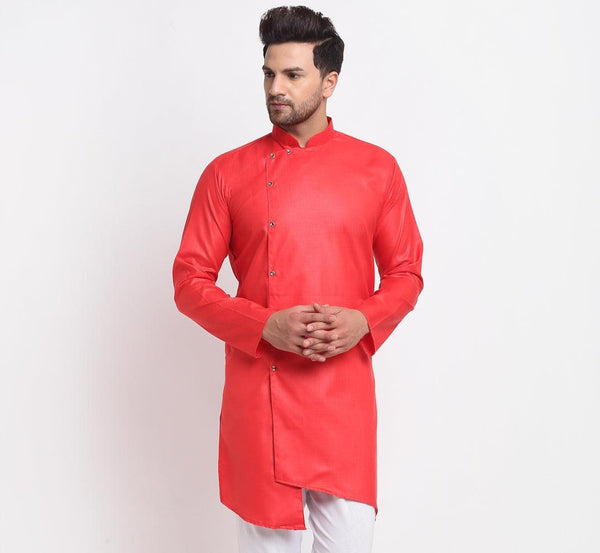 Men's Cotton Blend Red Asymmetric Kurta - Benstoke - Indiakreations