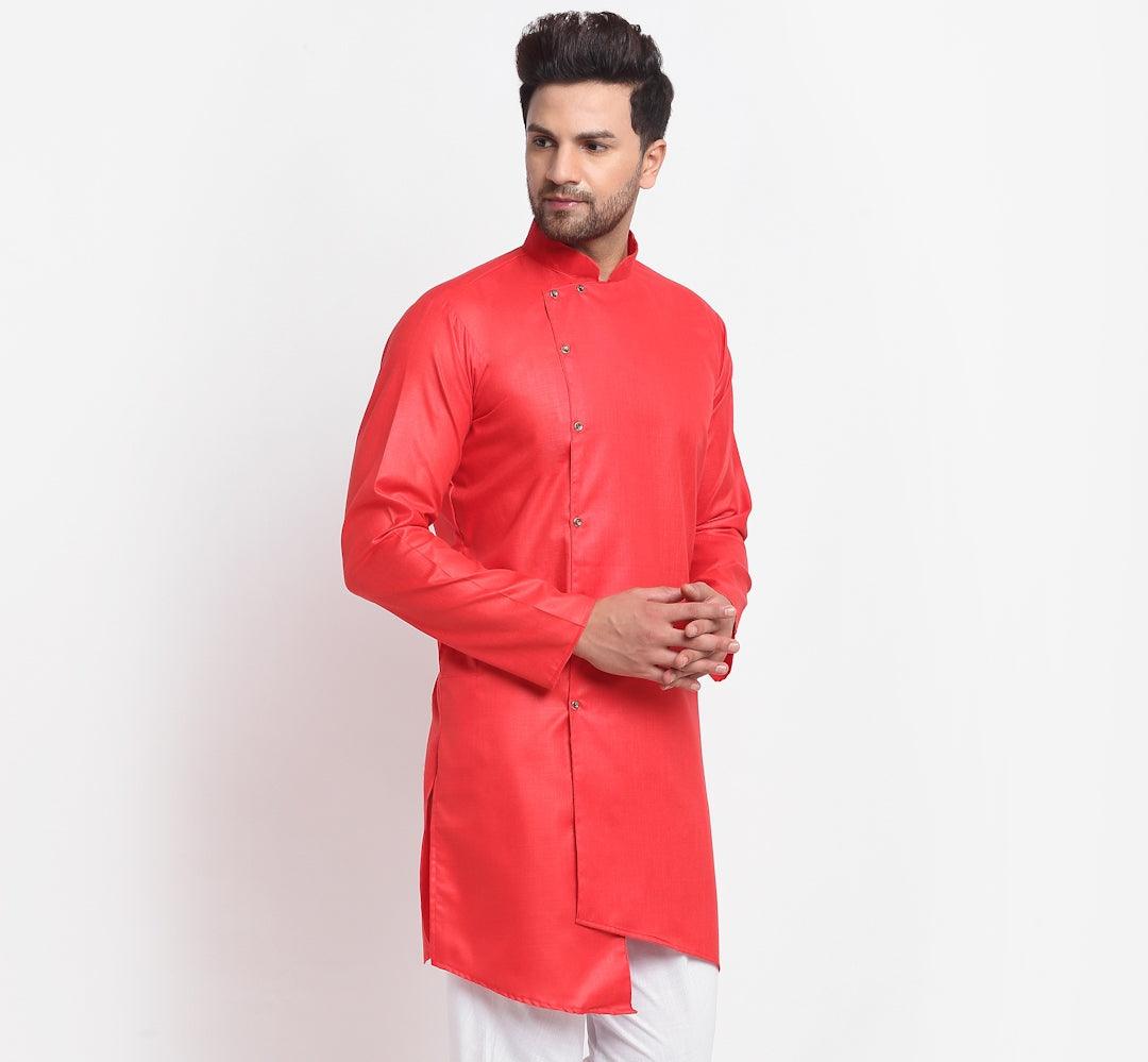 Men's Cotton Blend Red Asymmetric Kurta - Benstoke - Indiakreations