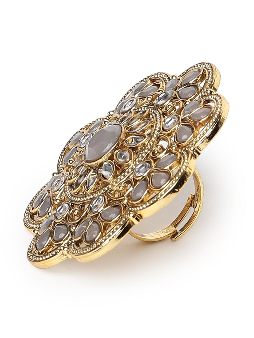 Women's Gold-Plated Grey Kundan-Studded Finger Ring - Jazz and Sizzle - Indiakreations