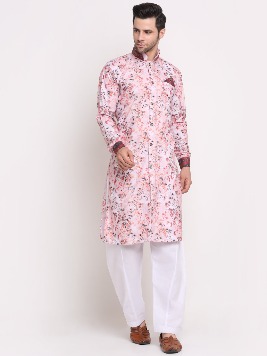 Men's Pink & Multi Printed Kurta With White Pyjamas Set - Benstoke