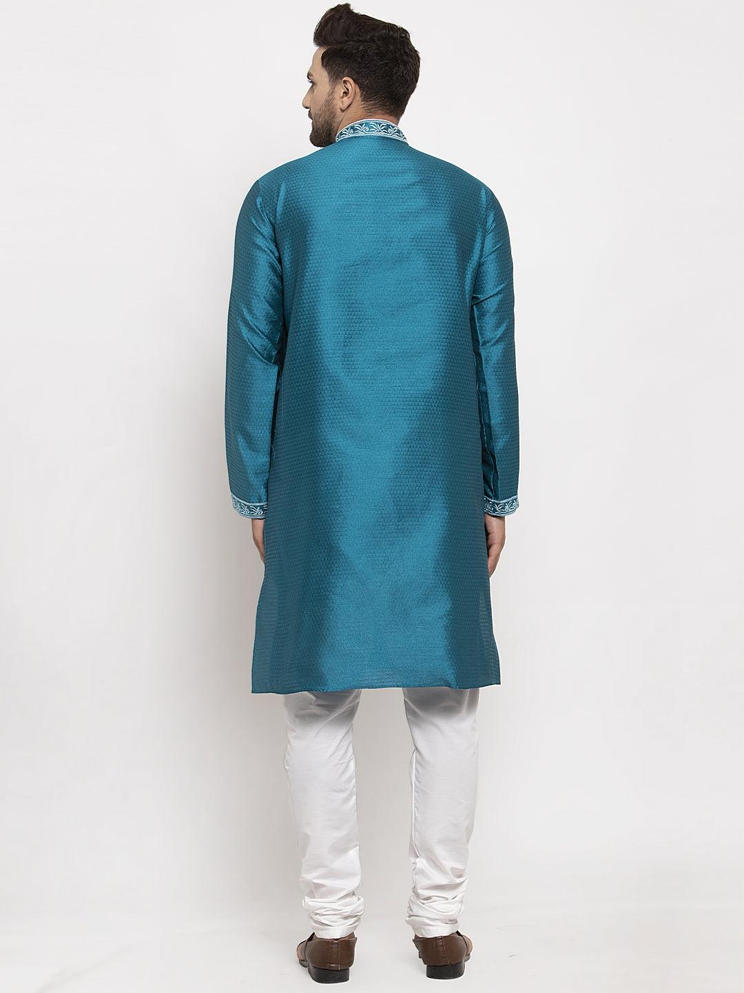 Men's Peacock Blue Yoke Design Solid Kurta With White Churidaar Pyjama - Benstoke - Indiakreations