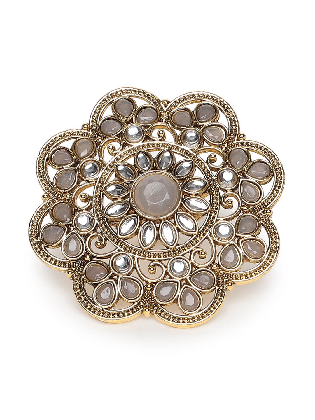 Women's Gold-Plated Grey Kundan-Studded Finger Ring - Jazz and Sizzle - Indiakreations