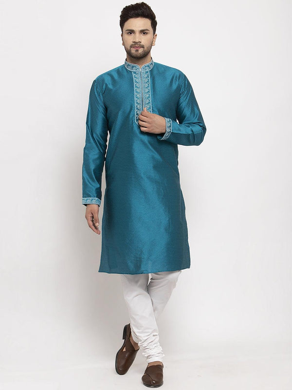 Men's Peacock Blue Yoke Design Solid Kurta With White Churidaar Pyjama - Benstoke - Indiakreations