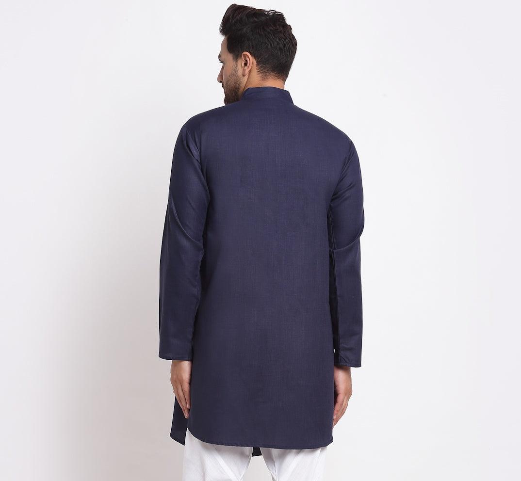 Men's Cotton Blend Navy Blue Asymmetric Kurta - Benstoke - Indiakreations