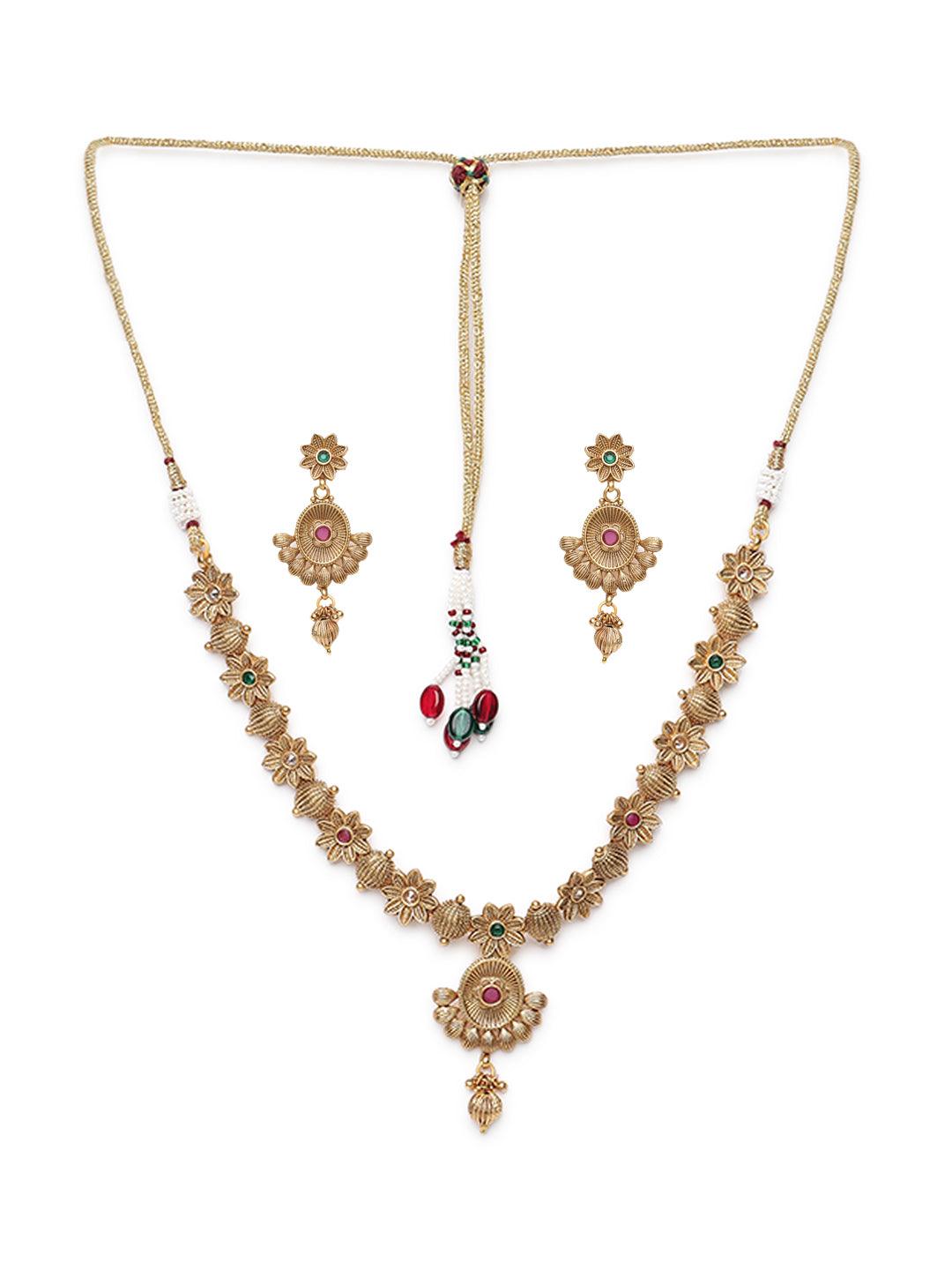 Women's Red & Green Gold-Plated Stone-Studded Handcrafted Jewellery Set - Jazz and Sizzle - Indiakreations