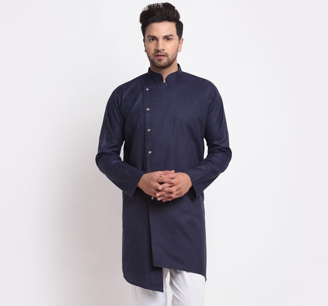 Men's Cotton Blend Navy Blue Asymmetric Kurta - Benstoke - Indiakreations