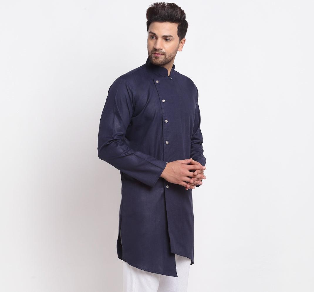 Men's Cotton Blend Navy Blue Asymmetric Kurta - Benstoke - Indiakreations