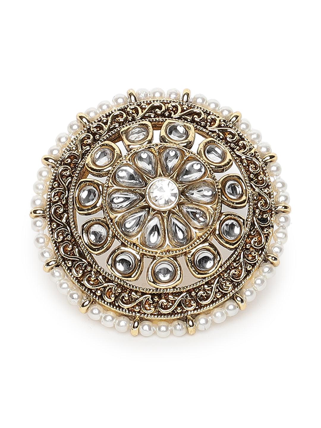 Women's Gold-Plated & White Stone Studded Floral Shape Adjustable Finger Ring - Jazz and Sizzle - Indiakreations