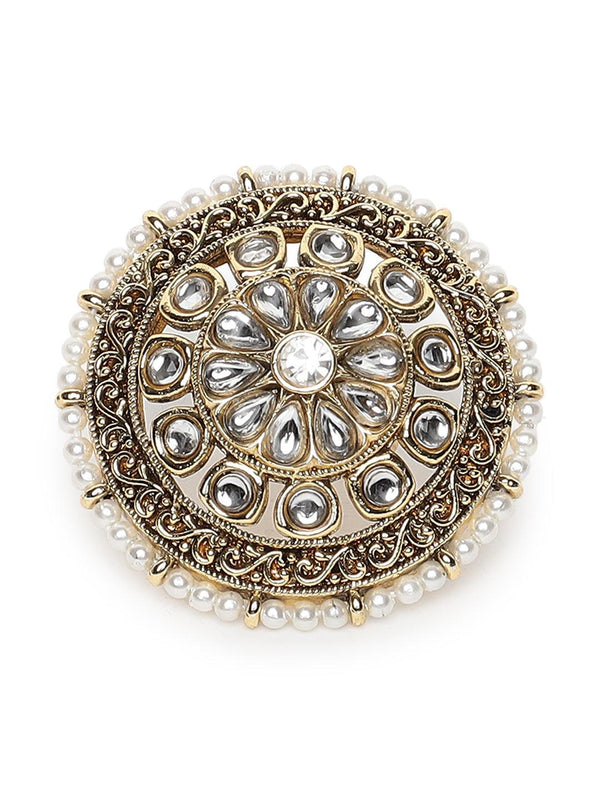 Women's Gold-Plated & White Stone Studded Floral Shape Adjustable Finger Ring - Jazz and Sizzle - Indiakreations