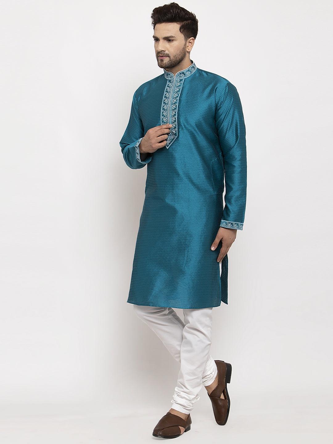 Men's Peacock Blue Yoke Design Solid Kurta With White Churidaar Pyjama - Benstoke - Indiakreations