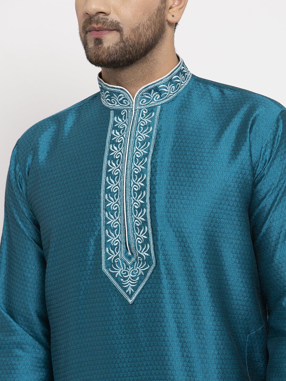 Men's Peacock Blue Yoke Design Solid Kurta With White Churidaar Pyjama - Benstoke - Indiakreations