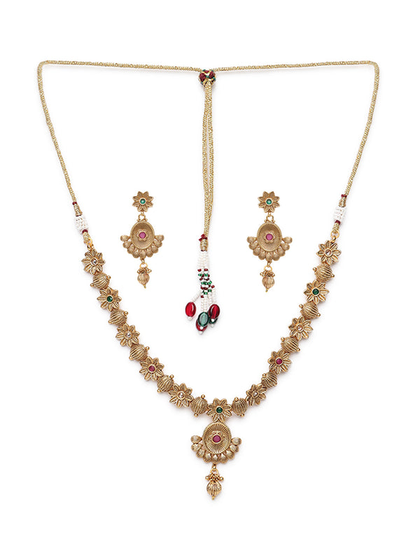 Women's Red & Green Gold-Plated Stone-Studded Handcrafted Jewellery Set - Jazz and Sizzle