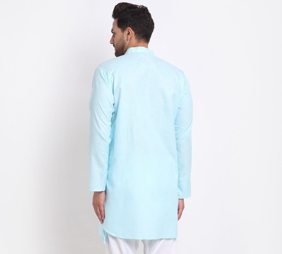 Men's Cotton Blend Sky Blue Asymmetric Kurta - Benstoke - Indiakreations