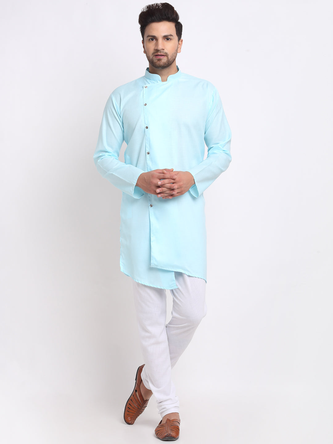 Men's Sky Blue Solid Angrakha Kurta With White Churidaar Pyjama - Benstoke