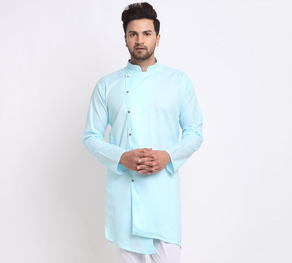 Men's Cotton Blend Sky Blue Asymmetric Kurta - Benstoke - Indiakreations