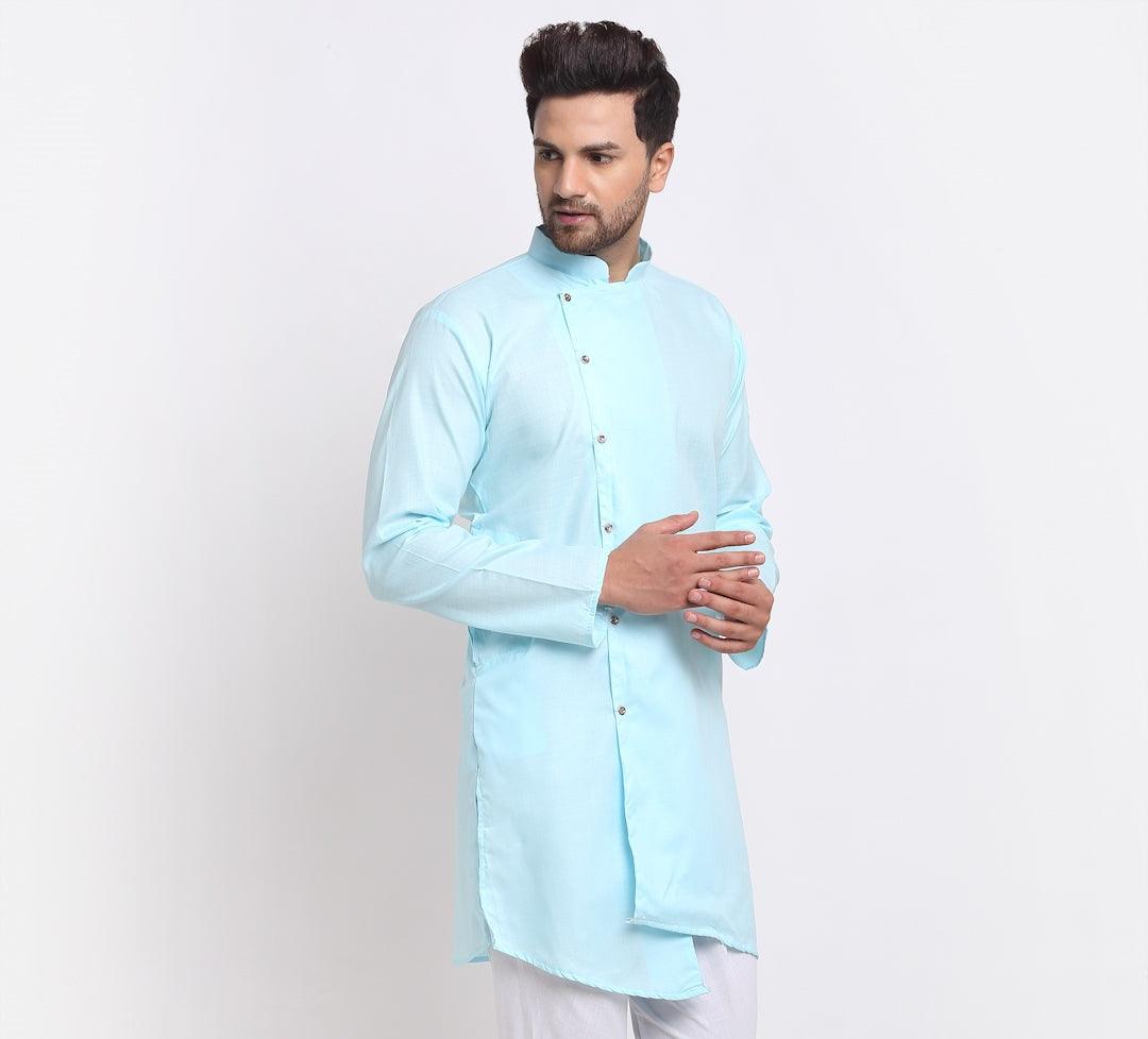 Men's Cotton Blend Sky Blue Asymmetric Kurta - Benstoke - Indiakreations