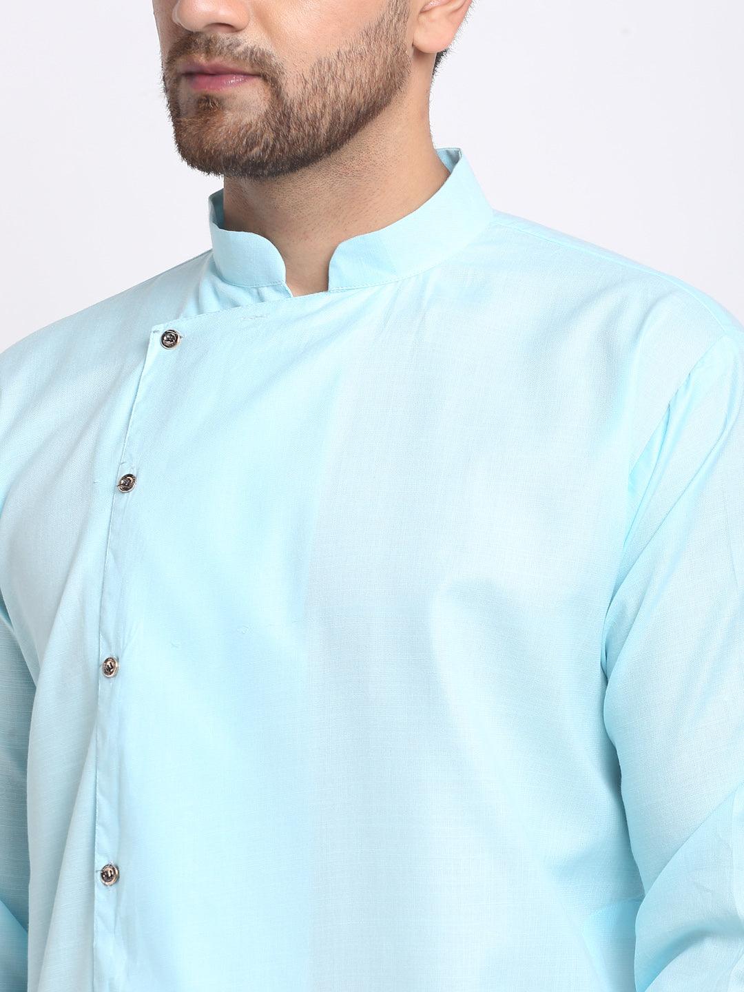 Men's Cotton Blend Sky Blue Asymmetric Kurta - Benstoke - Indiakreations