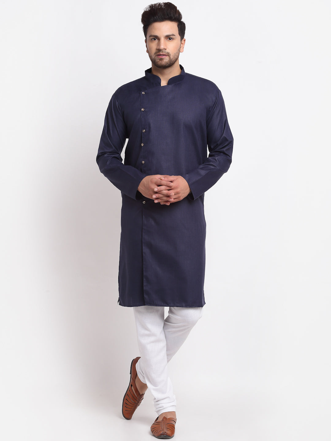 Men's Navy Blue Solid Kurta With White Churidaar Pyjama - Benstoke