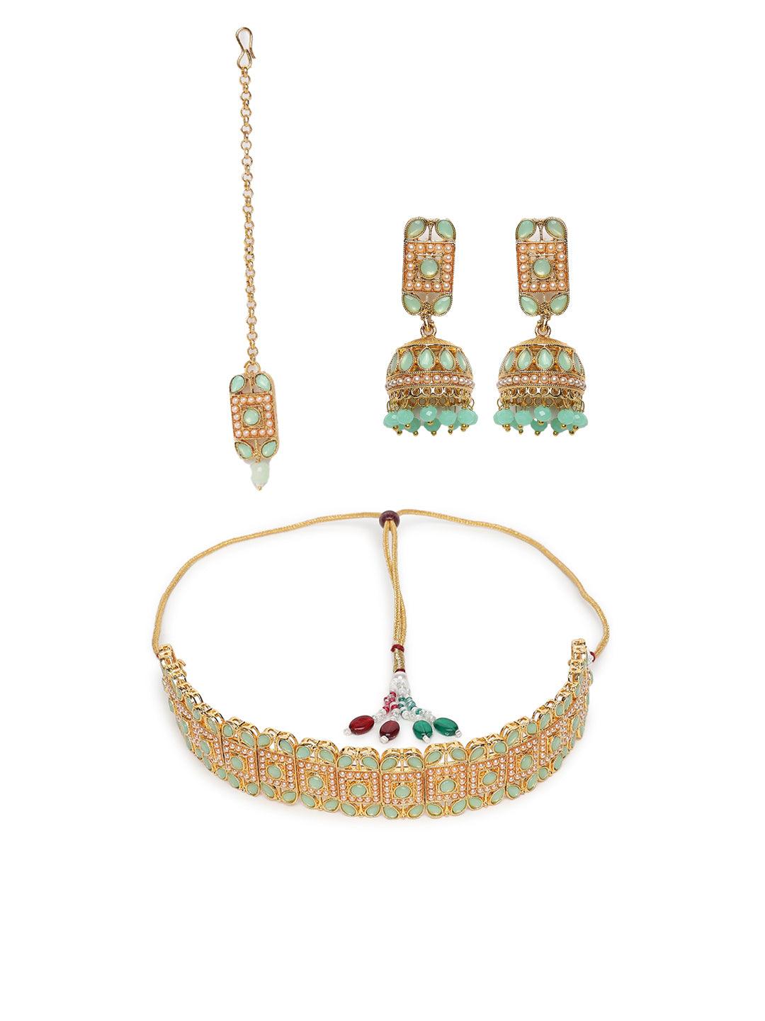 Women's Gold-Plated &Mint Green Kundan Studded Pearl Handcrafted Chokers Jewellery Set - Jazz and Sizzle - Indiakreations