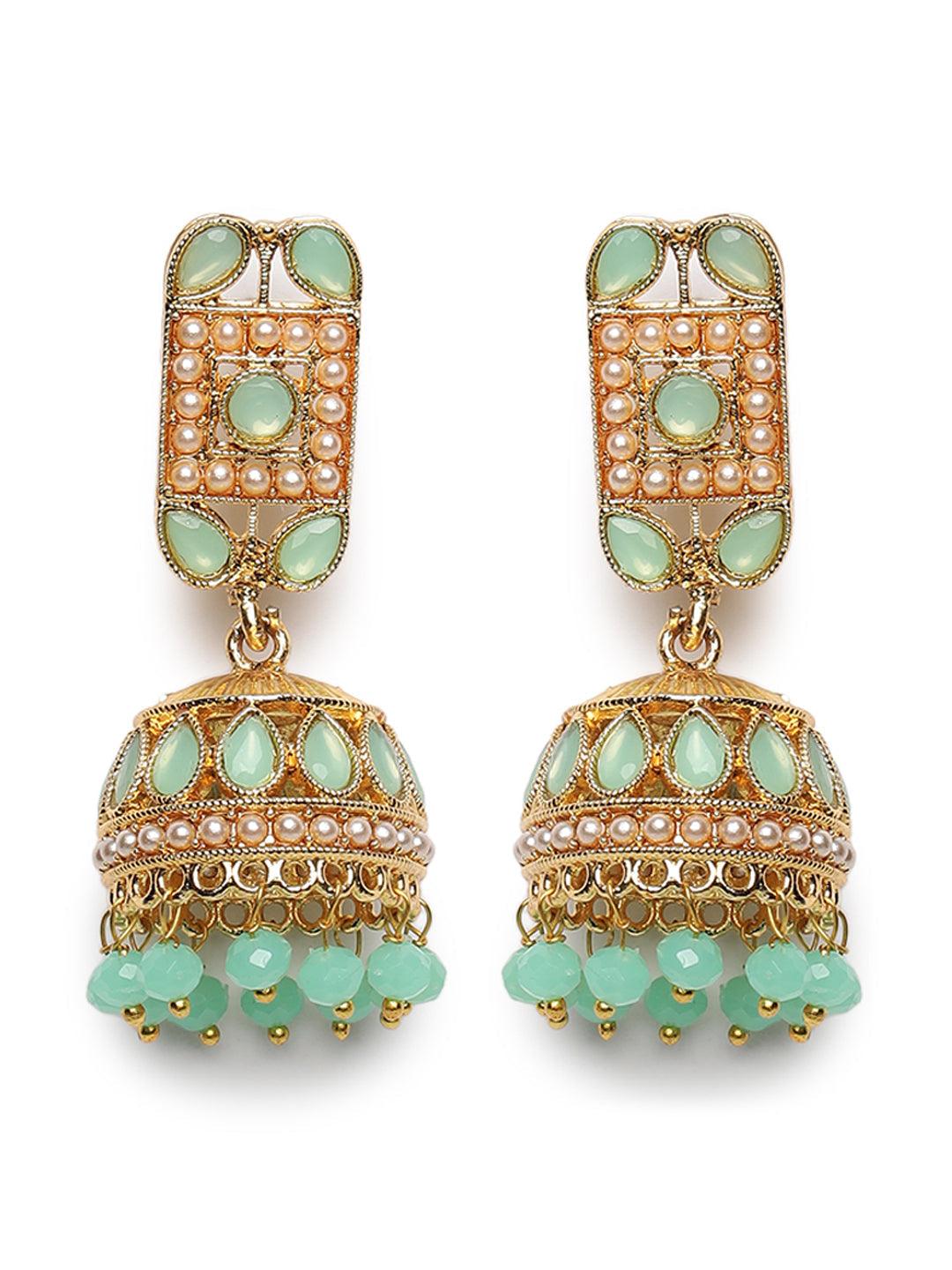 Women's Gold-Plated &Mint Green Kundan Studded Pearl Handcrafted Chokers Jewellery Set - Jazz and Sizzle - Indiakreations