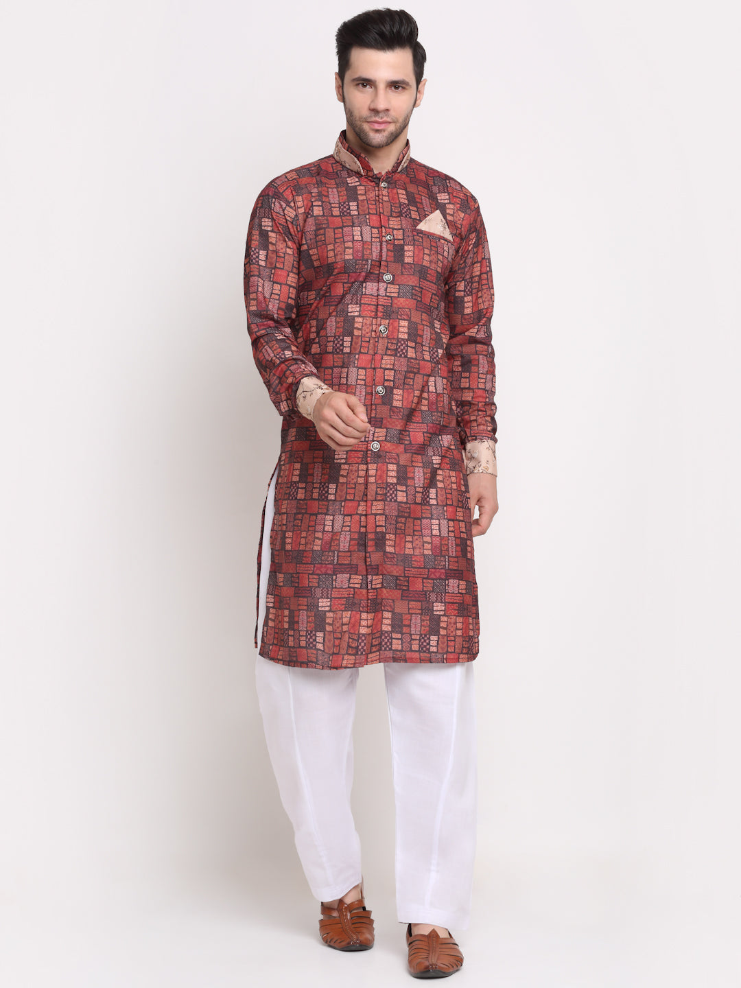 Men's Brown & Multi Printed Kurta With White Dhoti Pant - Benstoke