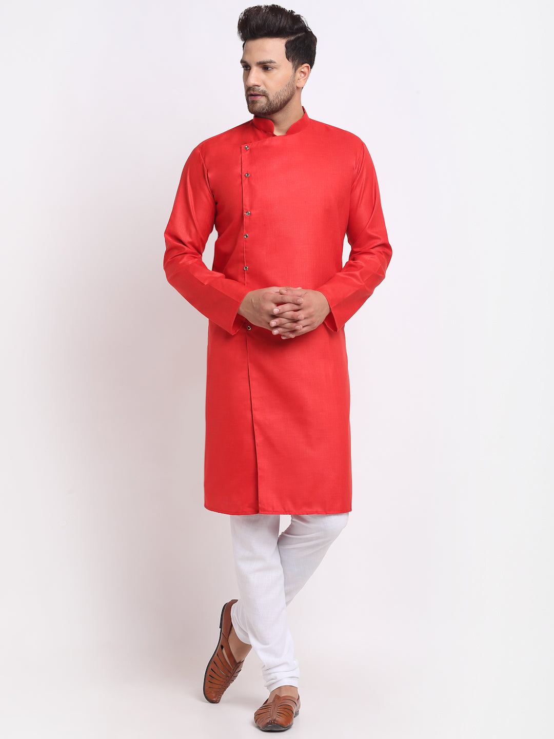 Men's Red Solid Kurta With White Churidaar Pyjama - Benstoke