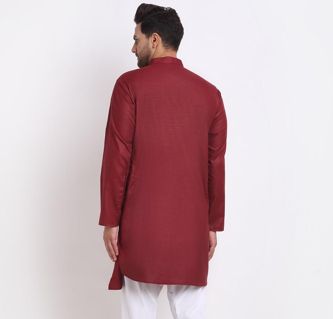 Men's Cotton Blend Maroon Asymmetric Kurta - Benstoke - Indiakreations