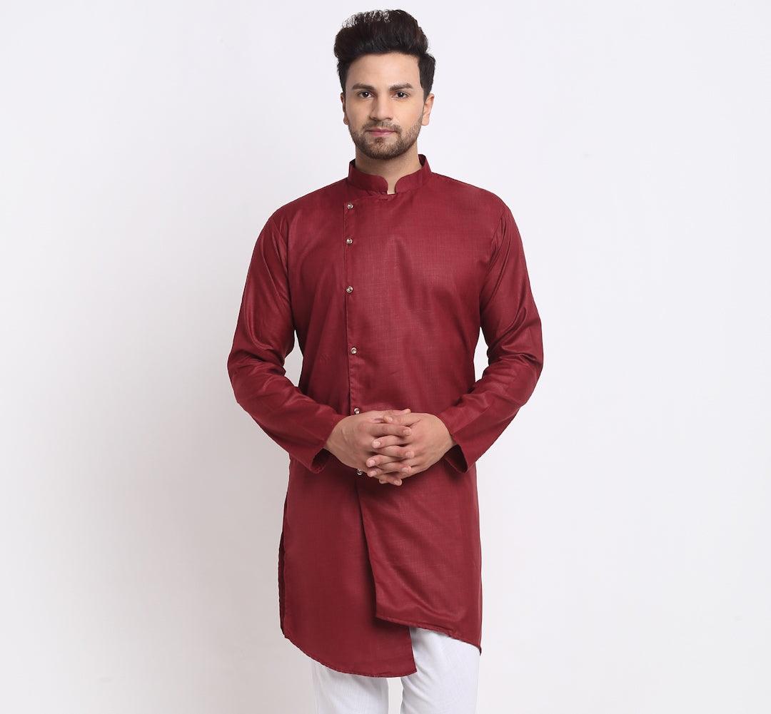 Men's Cotton Blend Maroon Asymmetric Kurta - Benstoke - Indiakreations