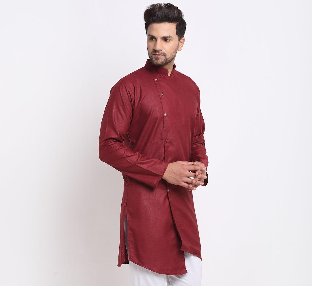 Men's Cotton Blend Maroon Asymmetric Kurta - Benstoke - Indiakreations