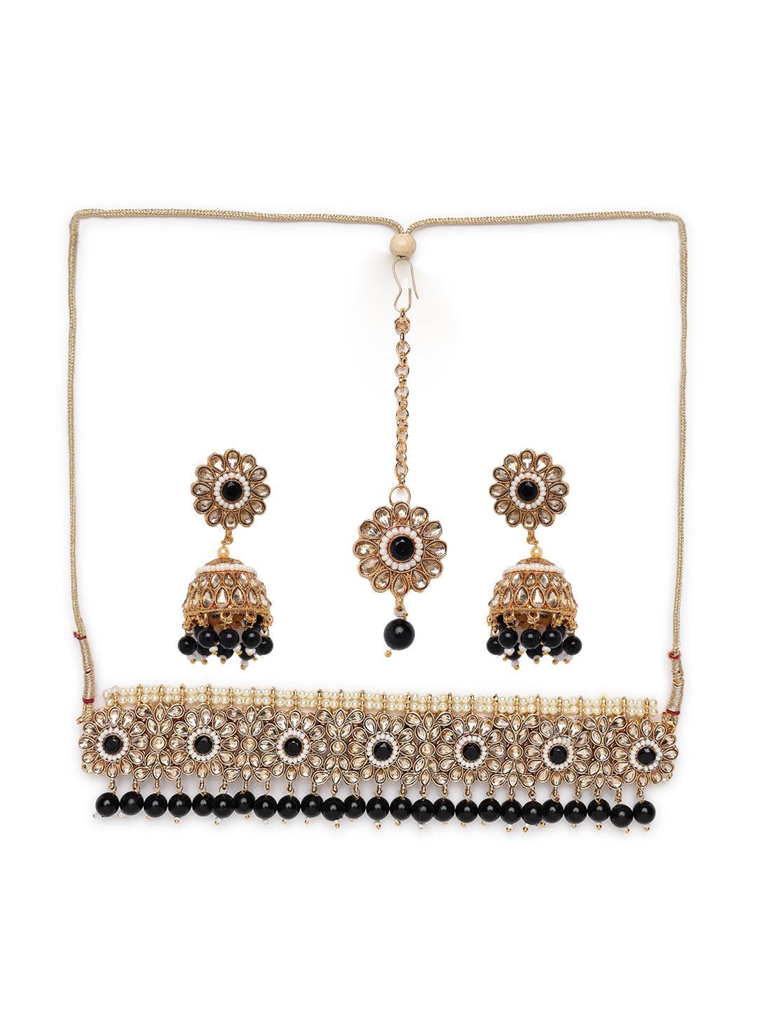 Women's Gold-Plated & Black Kundan & Beads Studded Traditional Chokers Necklace Earring & Maangtikka Set - Jazz and Sizzle - Indiakreations