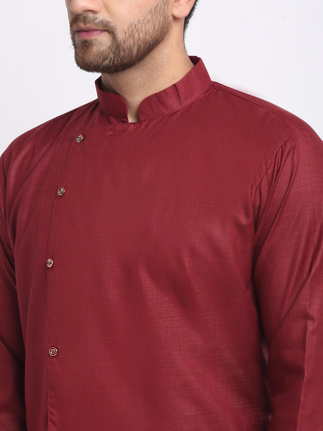 Men's Cotton Blend Maroon Asymmetric Kurta - Benstoke - Indiakreations