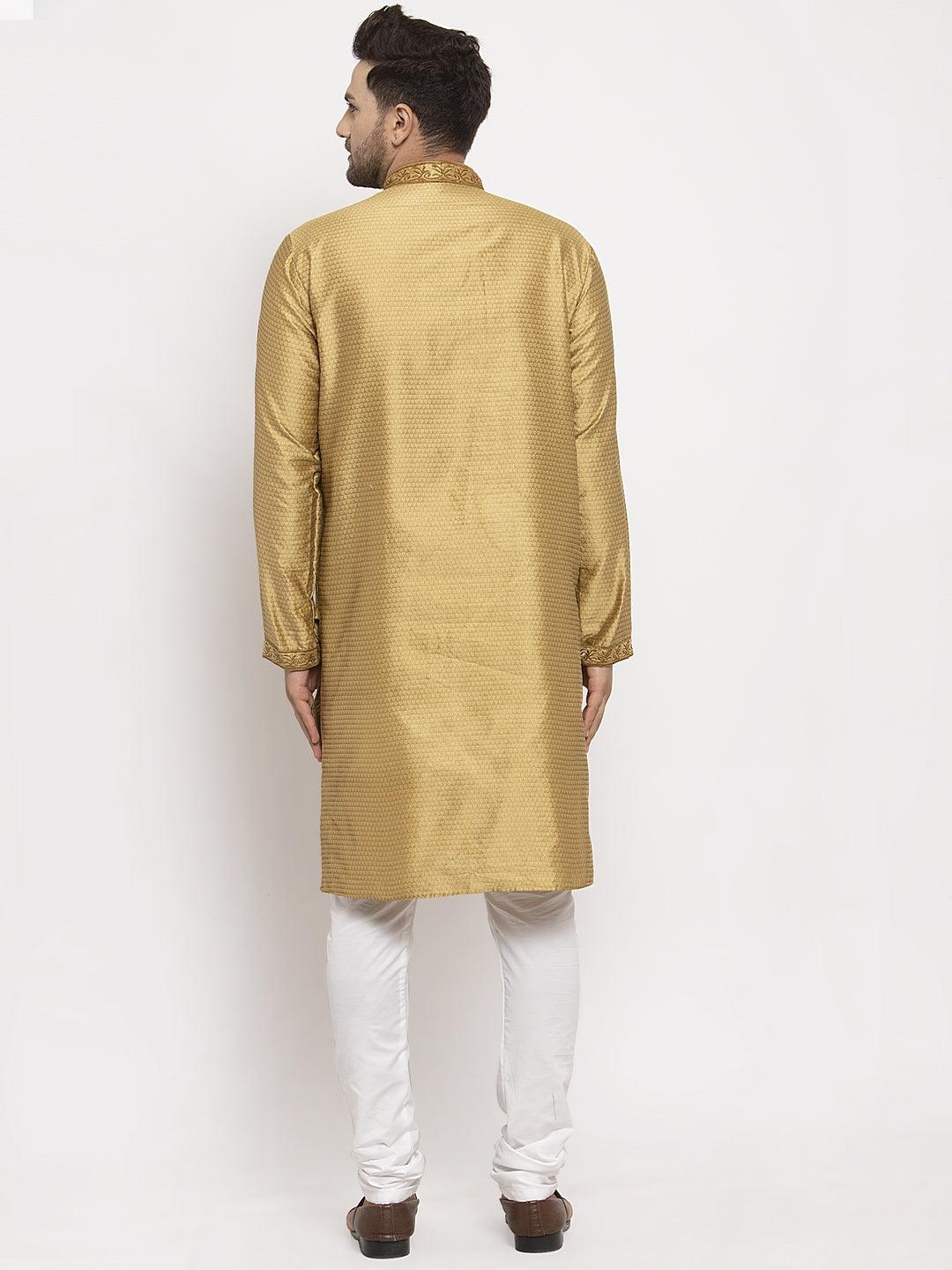 Men's Gold Yoke Design Solid Kurta With White Churidaar Pyjama - Benstoke - Indiakreations