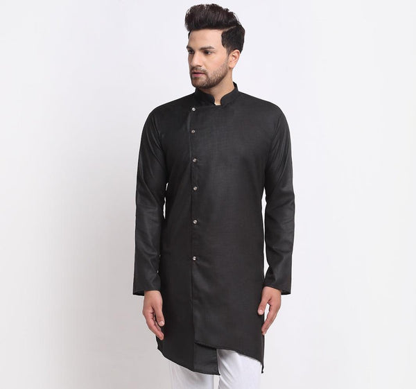 Men's Cotton Blend Black Asymmetric Kurta - Benstoke - Indiakreations