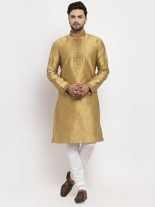 Men's Gold Yoke Design Solid Kurta With White Churidaar Pyjama - Benstoke - Indiakreations