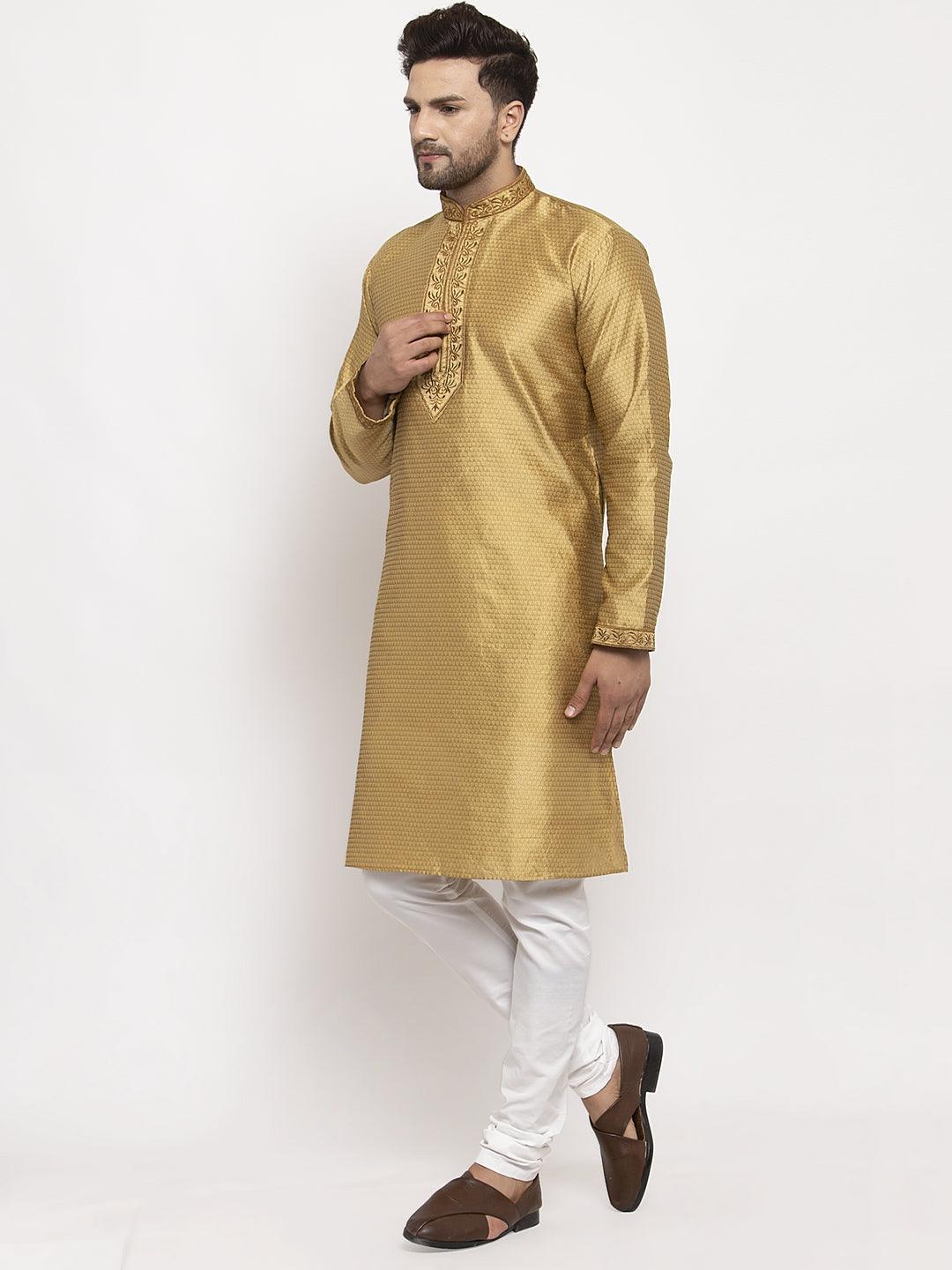 Men's Gold Yoke Design Solid Kurta With White Churidaar Pyjama - Benstoke - Indiakreations