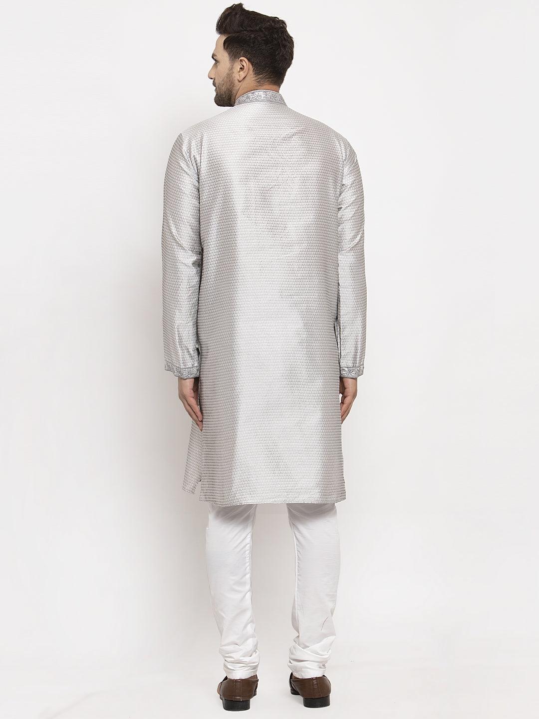 Men's Grey Yoke Design Solid Kurta With White Churidaar Pyjama - Benstoke - Indiakreations