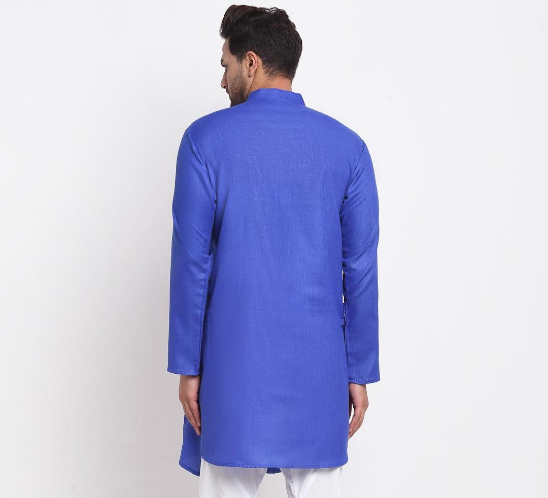 Men's Cotton Blend Royal Blue Asymmetric Kurta - Benstoke - Indiakreations